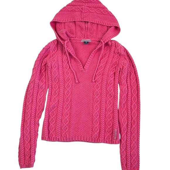 Ralph Lauren Polo Jeans Y2K Cable Knit Hooded Sweater S Fitted Fisherman cabin - Picture 9 of 11